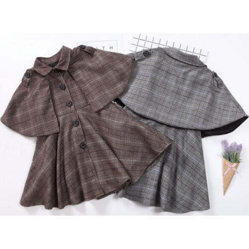 Fashion Baby Girl Plaid Dress Kids Dresses for Girls Toddler Cute Shawl Design Dress British Style Girl Lattice Cloak Dress 2-8Y