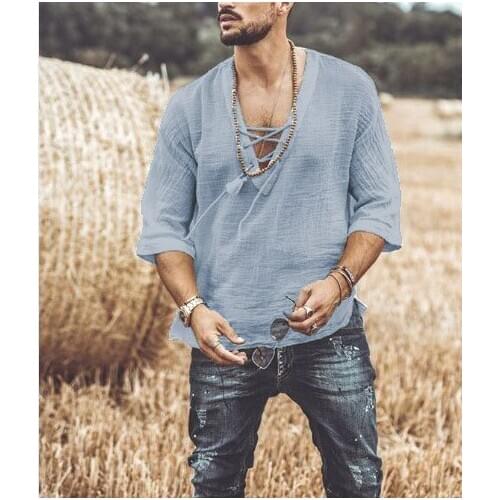 2020 New Men Solid Shirt Vintage Tops Medieval Loose T-Shirt Lace Up Short Sleeve Casual Solid Color Comfortable Ventilation