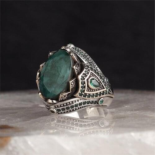 Semi Precious Emerald Gemstone 925 Sterling 925 K Silver Men 'S Ring
