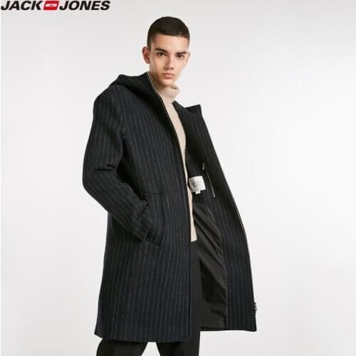 JackJones Mens Stripe Mid-length Hooded Stand-up Collar Woolen Overcoat|218427522