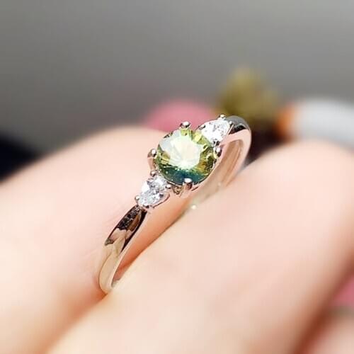 Natural real green yellow sapphire round ring 5*5mm 0.65ct gemstone 925 sterling silver Fine jewelry T2091110