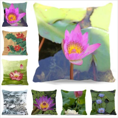 Cotton Polyester beautiful view Pillow case Sofa Throws Decorative Soft Pillow Covers Present Lotus Illustrations Cushion Cover