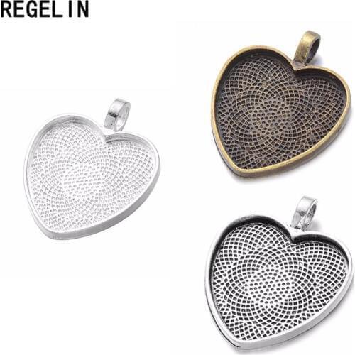 REGELIN Heart Cabochons Settings Silver Plated Pendants Bezel Trays Base 10pcs/lot 25mm 25mm Glass Cabochon DIY Necklace Making