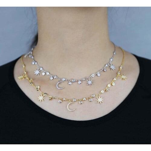 Christmas gift fashion european women jewelry micro pave cz link chain geometric star starburst charm gold color necklace