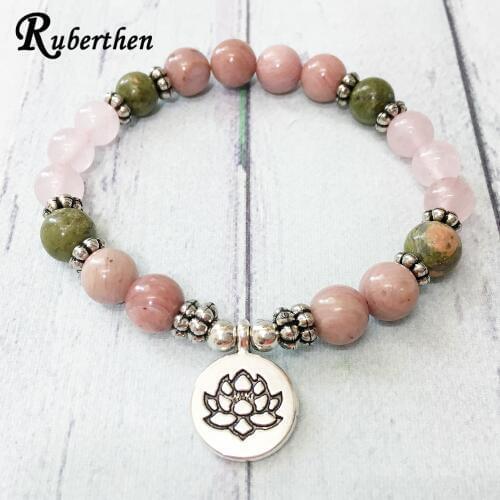 Ruberthen On Sale New Design Women`s Yogi Bracelet Natural 8 mm Rhodonite Unakite Lotus Charm Bracelet Rose Quart z Jewelry