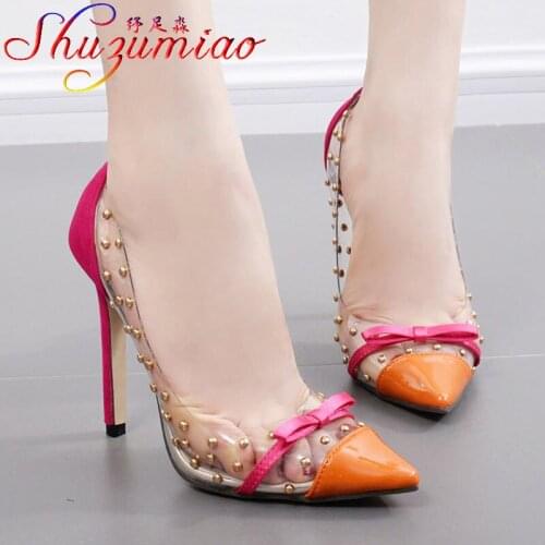Super Sexy Transparent Rivet Women Pumps Fashion Splicing Pointed Toe 11CM Stiletto Shoes 2021 Spring And Autumn Bow High-Heeled