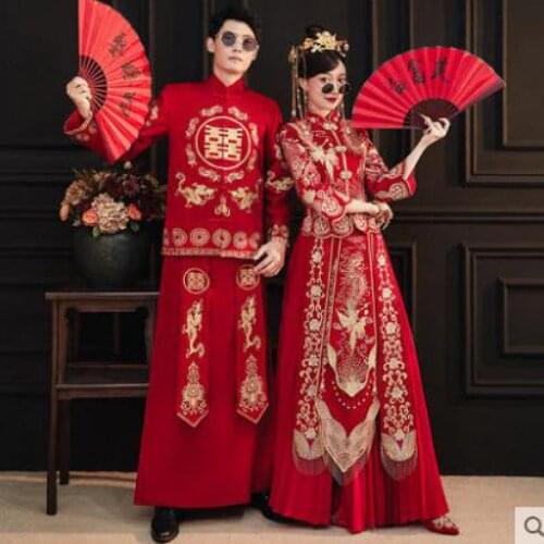 Embroidery Dragon Phoenix Chinese Traditional Couple Wedding Suit Cheongsam Elegant Bride Vintage Qipao Dress Gorgeous Clothes