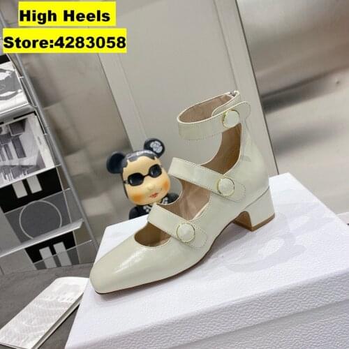 Casual Designer Fashion Women Pumps Beige Patent Leather Round Toe Maryjanes chunky High Heels Bride Wedding Shoes