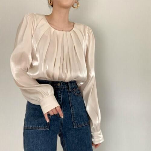 2021 New Women Spring Silky Pleat Luster Blouse Round Collar Full Sleeve Shirt Elegant Pullover Tops