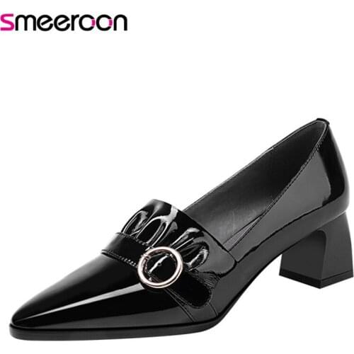 Smeeroon 2021 Big Size 42 Women Pumps Patent Leather High Heels Classic Dress Office Shoes Lady Pointed Toe Buckle Single Shoes