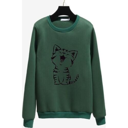 Cartoon Printed Little Cat Style Women Autumn Winter Pullover Student Lady Long-sleeved Loose Tops Pullover