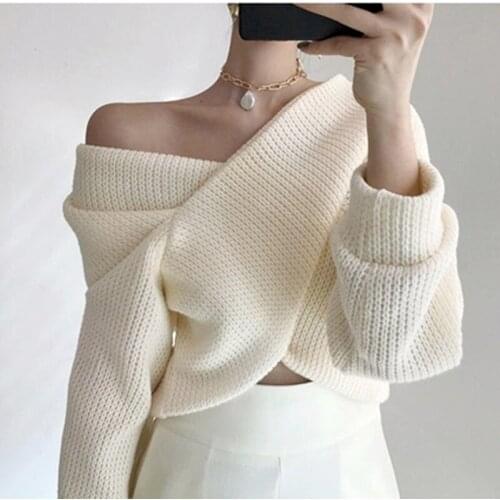 Women Sexy Off Shoulder Sweater New 2021 Autumn Winter V Neck Bat Sleeve Crop Sweater Woman Korean Jumper Knitted Tops