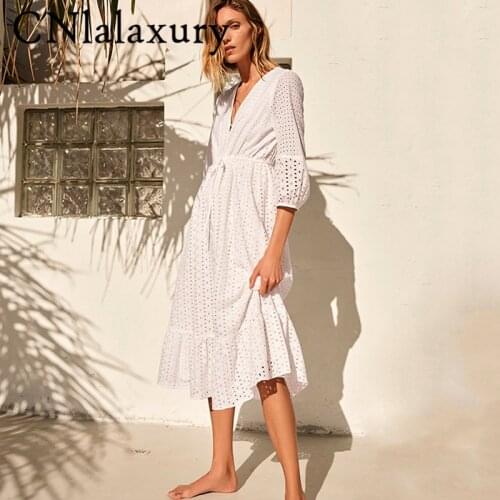 Spring 2021 Za Dress Women White Hollow Out Embroidery Half Sleeve Elastic Waist Casual Sexy Party Robe Dresses Vestido De Mujer