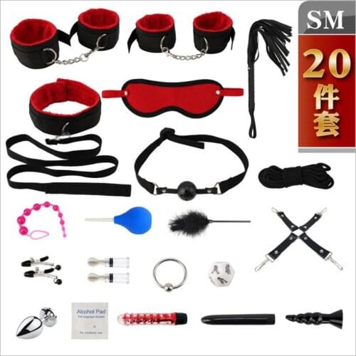 20PCS Sex Toys For Women Men Handcuffs Nipple Clamps Whip Spanking Sex Metal Anal Plug Vibrator Butt Bdsm Bondage Set S0901