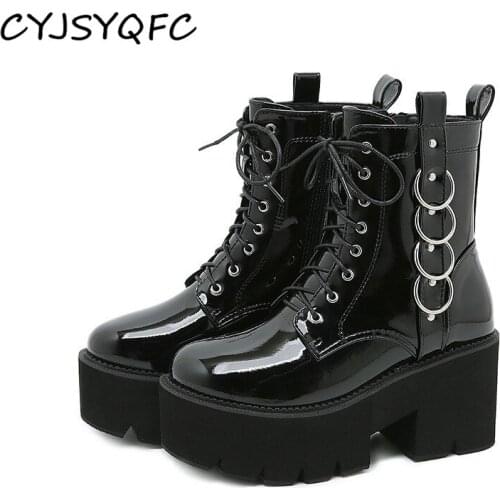 CYJSYQFC Autumn Winter Belt Buckle Women Platform Ankle Boots Black Patent Leather Lace Up Booties Chunky Heel Punk Gothic Style