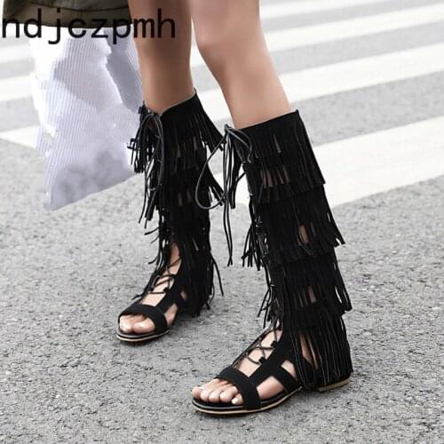 Summer Womens Boots The New Fashion Open Toe Tassel Lace Up Comfortable Non-slip Flat Womens Shoes Plus Size 33-48 Black