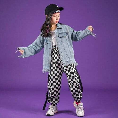 Kid Cool Hip Hop Costumes Denim Jacket Jeans Coat Tank Top Tactical Cargo Pants for Girl Jazz Dance Clothes Street Wear
