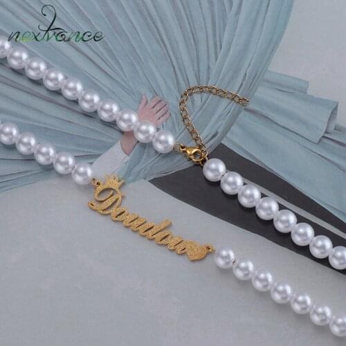 Nextvance Classic Frost customize Necklace Stainless Steel Personalized Name Pearl Crown Pendant Necklaces Women Jewelry Gift