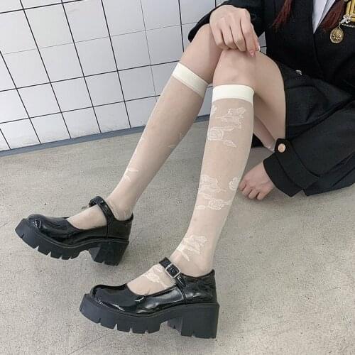 Lolita Calf Socks Sexy Female Middle Tube Spring and Summer Thin Transparent Stockings Love Wave Dot Jacquard Cute College Style
