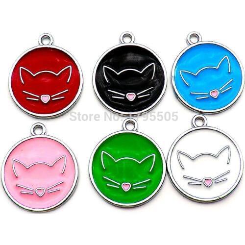 Wholesale 100pcs cat face Shape Dog Cat ID Tag Solid color pet ID Name Tags Colorful alloy dog Collar Pendant Engraved Hanging