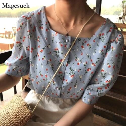 Korean Sweet Floral Printed Chiffon Blouse Womens Clothing Square Collar Short Sleeve Woman Shirt Chic Summer Tops Blusas 14355