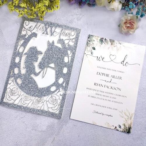 50X Silver Glitter 15TH Birthday Invitation Red Blue Gold Champagne Hollow Horse And Girl Custom Printing Quinceanera Cards