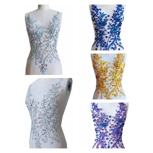 Zbroh Pure hand made more colour sew on Rhinestones sequins beads applique on mesh crystals patches 50*30cm dress accessory