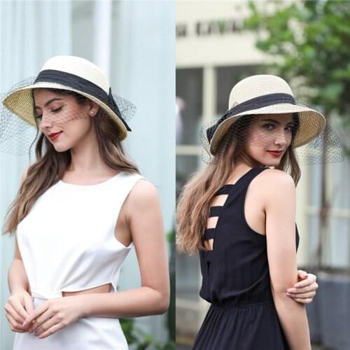 Jovivi Ladies Socialite Sun Hat Bowknot Wide Brim Straw Hat Women Elegant Panama Hat Seaside Beach Cap Summer UV Protection Hats