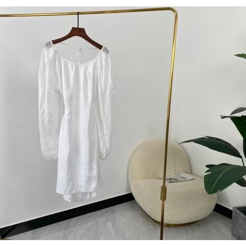 Summer Autumn Ladies Top Quality Backless Self Tie Elegant White Linen Dresses 2021