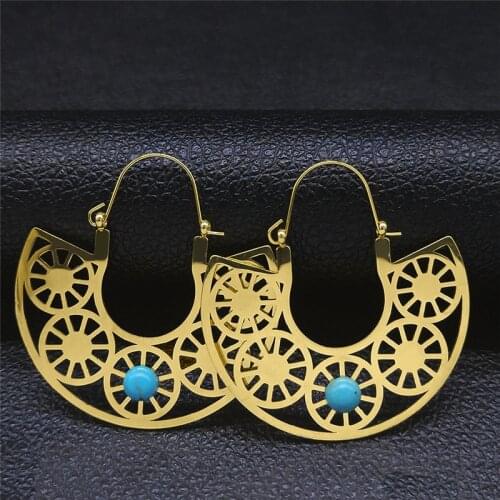 Stainless Steel Stone India Flower Circle Earrings for Women Gold Color Bohemia Sector Earrings Jewelry aro hombre E9209S04