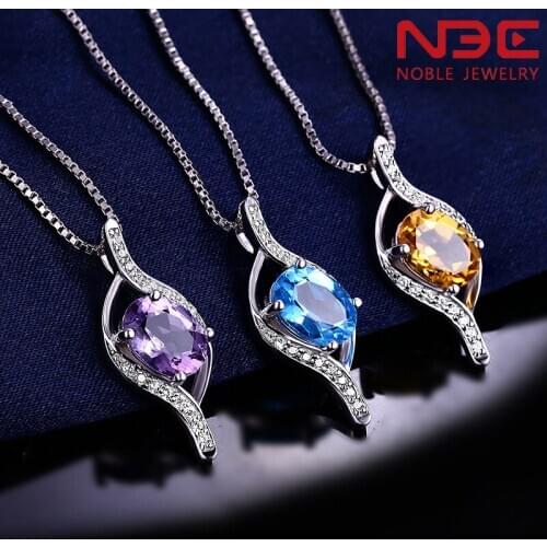 NBE 925 sterling silver natural blue Topaz Ctrine Amethyst stone for women crystal necklace pendant February November birthstone
