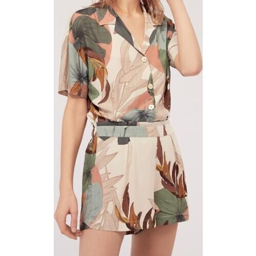 Ladies Pajamas Set Summer Casual 2 pieces Set Short Sleeves Ice Silk Womens Pajama Palm Print Female Sleepwear Home Clothing