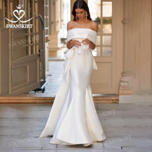 Sleeveless Satin Wedding Dress 2021 Beach 2 In 1 Bow Mermaid Vestido De Novia Princess SwanSarah M055 Plus Size Bridal Gown