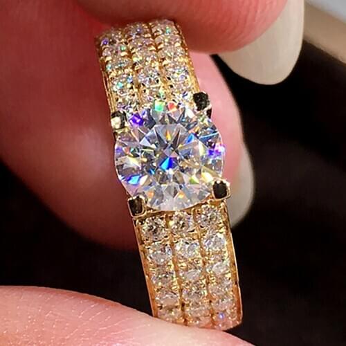 18K Au750 Yellow Gold Women Ring Moissanite Diamonds 1 2 3 45 Carat 3 Row Round Wedding Party Engagement Anniversary Ring Unisex