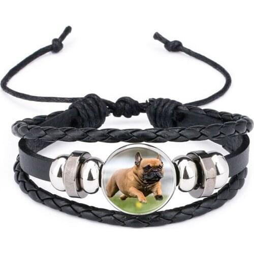 10PC Animal Pets French bulldog glass dome black knitted leather pendant dog jewelry bracelet fashion accessories romantic gift
