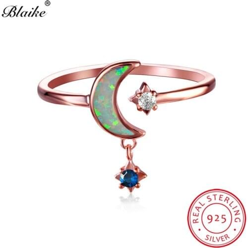 925 Sterling Silver Dainty Star Moon Rings For Women Rose Gold Wedding Bands White Fire Opal Ring Blue Zircon Stone Dangle Ring