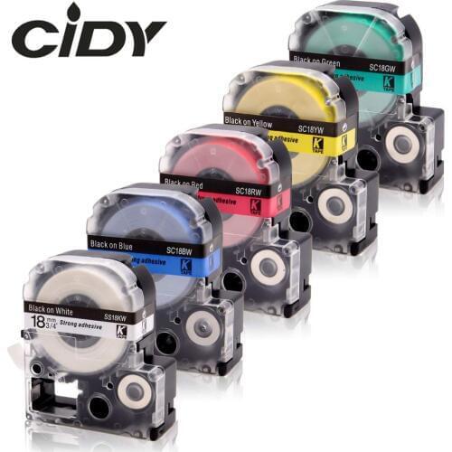 CIDY 5pcs 18MM Epson label SS18KW SC18GW SC18YW SC18BW SC18RW adhesive tape for kingjim label machine LW300 LW400 SR150 LW-800