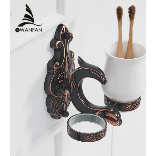 Cup & Tumbler Holders Brass Bathroom Toothbrush Holder Black Double Ceramic Cups Wall Mount Luxury Bathroom Accessories WF-88803
