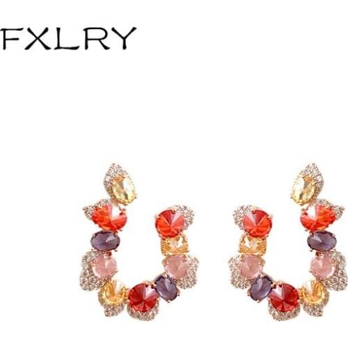 FXLRY High Quality Fashion Half Circle Multicolor Cubic Zirconia Stud Earring for Women Wedding Jewelry