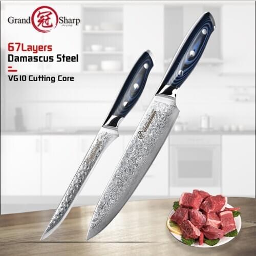 Grandsharp 2Pcs Kitchen Knife Sets Chef Boning Knife Chefs Knife Sets vg10 Japanese Damascus Steel Knife Set Butcher Tools