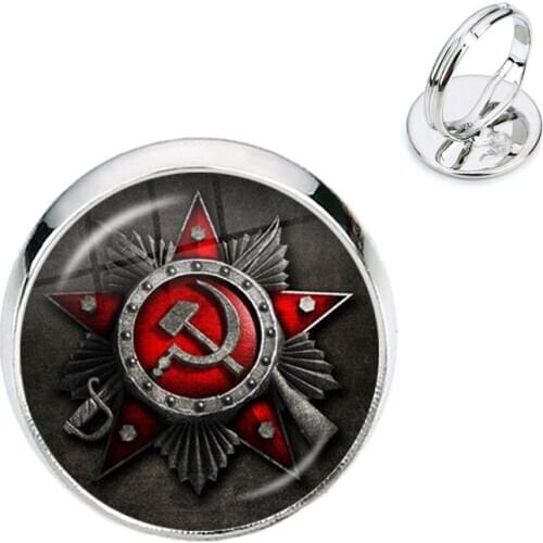 CCCP USSR Soviet Army Red Star Adjustable Rings 16mm Glass Cabochon Art Round Russian Badges LOGO Jewelry For Friends Gift