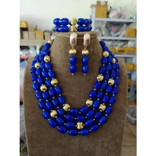 Royal Blue African Beads Jewelry Set Gold Accessory Indian Bridal Necklace Set for Women Wedding Gift AJS007