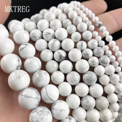 MKTREG Natural Stone White Turquoises Beads Round Loose Beads For Jewelry Making DIY Bracelet Necklace 15'' 4/6/8/10/12mm Ball