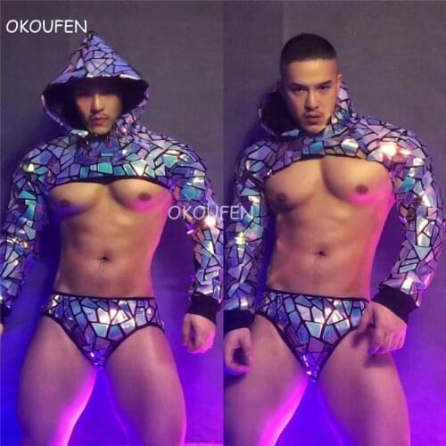 Bar Nightclub Mens Gogo Costume Silver Purple Laser Sequins Hooded Tops set Sexy Ds Future Technology Theme mirror Stage wear
