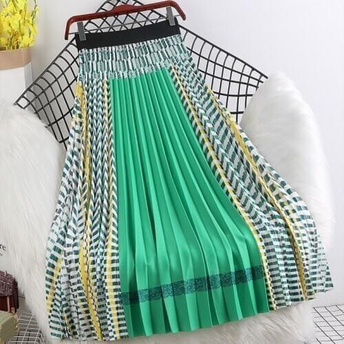 New Summer Women Pleated Skirt Ladies Multicolor High Waist Contrast Color A-line Urban Casual Skirt Mid-calf Swing Long Skirts