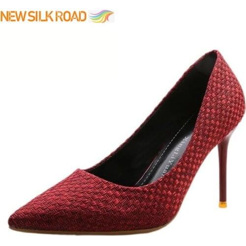 New Style Pleated Elegant Classic Womens Pumps Knit Weave Career Work Thin Heels Pointed Toe Stiletto Ladies Zapatos De Mujer