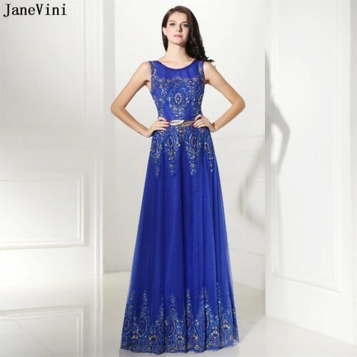 JaneVini Charming Royal Blue Long Bridesmaid Dresses A Line Scoop Neck Sequins Beaded Zipper Back Tulle Wedding Party Dress 2018