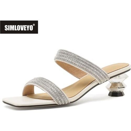 SIMLOVEYO 2021 Summer Sandals Open Toe Rhinestone 4.5cm High Crystal Strange Heels Slip-On Slingbacks Mules Shoes Pink