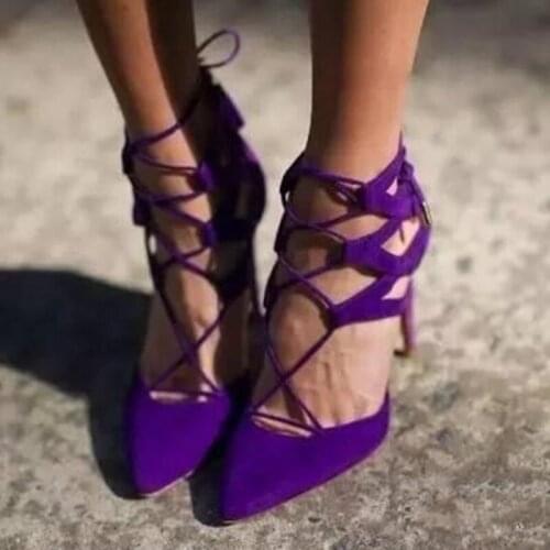 Purple Suede Lace-up High Heel Shoes Cross Strap Pointed Toe T Strap Party Dress Shoes Cut-out Gladiator Banquet Pumps