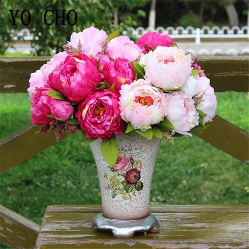 YO CHO 7 Heads Silk Peony Flowers Artificial Bouquet Pink Bride Hand Peony Flowers for Wedding Centerpieces Table Decor Flowers